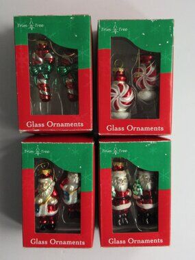 Trim-A-Tree Glass Miniature Christmas Ornaments  2"-3" Santa, Candy Canes in Box